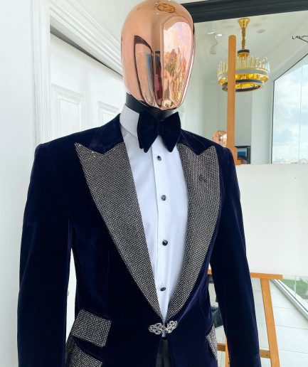 The "Jackson", midnight blue, black crystal trim bling layered peak lapel tuxedo suit