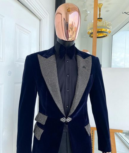 The “Jackson” Midnight blue, black Crystal Trim bling layered peak lapel tuxedo suit.