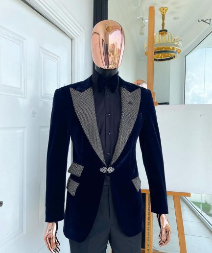 The “Jackson” Midnight blue, black Crystal Trim bling layered peak lapel tuxedo suit.