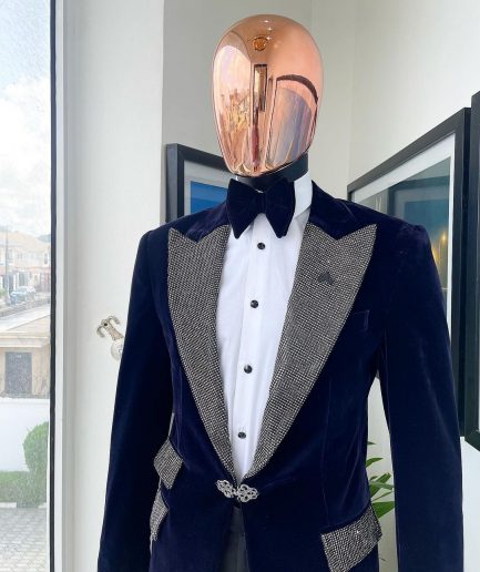 The "Jackson", midnight blue, black crystal trim bling layered peak lapel tuxedo suit