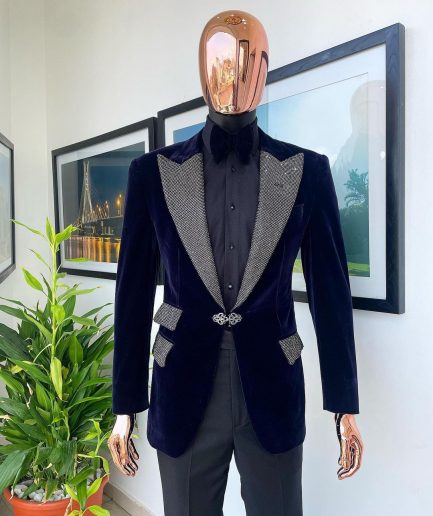 The “Jackson” Midnight blue, black Crystal Trim bling layered peak lapel tuxedo suit.