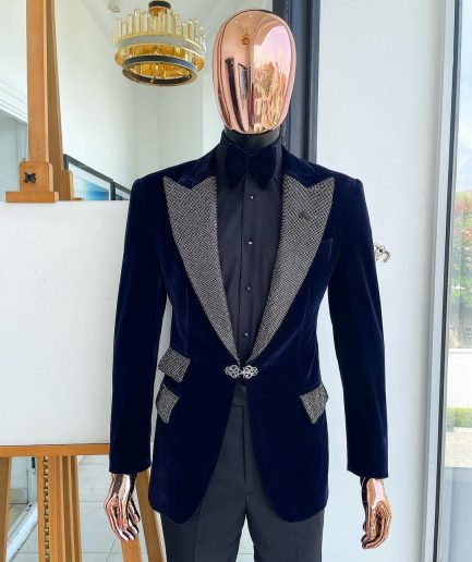 The “Jackson” Midnight blue, black Crystal Trim bling layered peak lapel tuxedo suit.