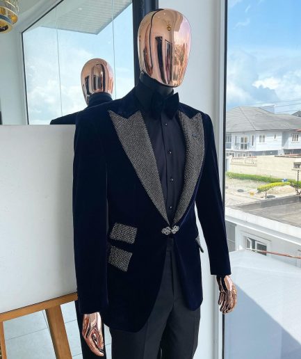 The “Jackson” Midnight blue, black Crystal Trim bling layered peak lapel tuxedo suit.