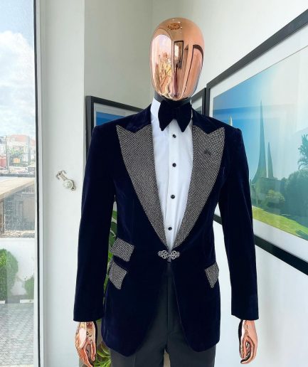 The "Jackson", midnight blue, black crystal trim bling layered peak lapel tuxedo suit