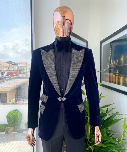 The “Jackson” Midnight blue, black Crystal Trim bling layered peak lapel tuxedo suit.