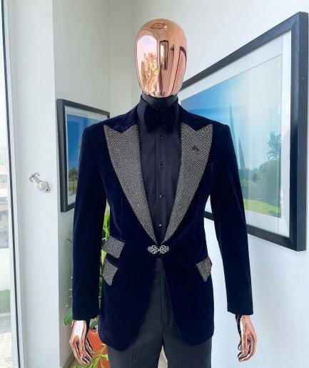 The “Jackson” Midnight blue, black Crystal Trim bling layered peak lapel tuxedo suit.