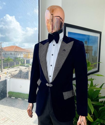 The "Jackson", midnight blue, black crystal trim bling layered peak lapel tuxedo suit