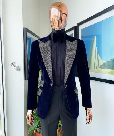 The “Jackson” Midnight blue, black Crystal Trim bling layered peak lapel tuxedo suit.