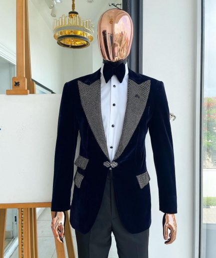The "Jackson", midnight blue, black crystal trim bling layered peak lapel tuxedo suit