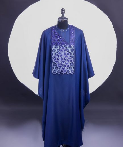 A Navy Blue, Connected Inverted Cube -Layered 3D Embroidery Design With Splashed Sky Blue ss30 Swarovski Stone Details Agbada