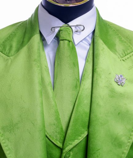A Lime green “peaky blinders” monochrome velvet, hand knitted peak lapel suit