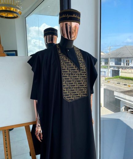 A Charcoal Black, Gold Scritto Pattered (dejiandkola) Embroidery Detailing Agbada