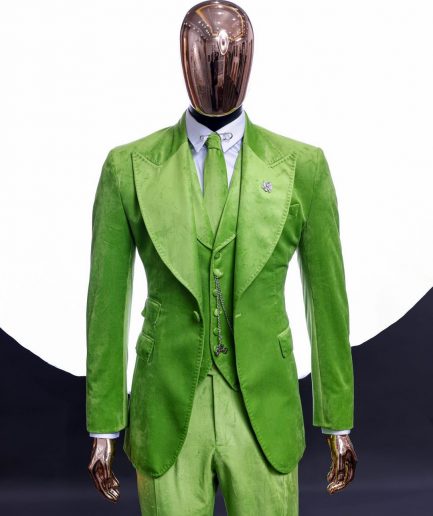 A Lime grey “peaky blinders” monochrome velvet, hand knitted peak lapel suit