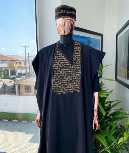 A Charcoal Black, Gold Scritto Pattered (dejiandkola) Embroidery Detailing Agbada