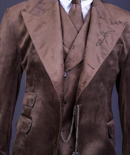 A Brunette brown “peaky blinders” monochrome velvet, hand knitted peak lapel suit