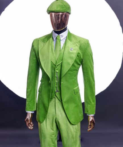 A Lime grey “peaky blinders” monochrome velvet, hand knitted peak lapel suit
