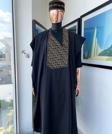 A Charcoal Black, Gold Scritto Pattered (dejiandkola) Embroidery Detailing Agbada