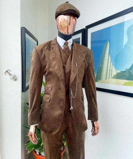 A Brunette brown “peaky blinders” monochrome velvet, hand knitted peak lapel suit