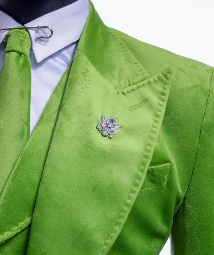 A Lime green “peaky blinders” monochrome velvet, hand knitted peak lapel suit