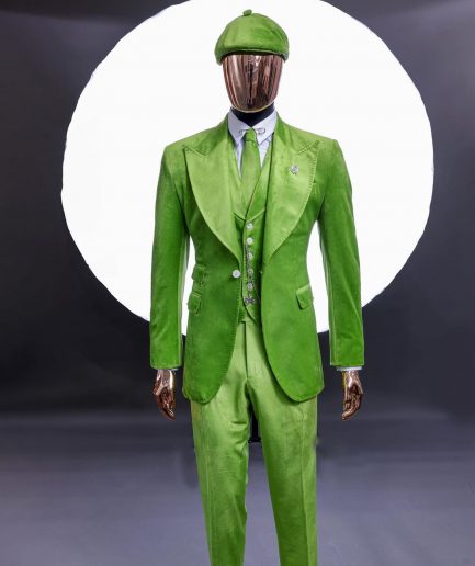 A Lime grey “peaky blinders” monochrome velvet, hand knitted peak lapel suit