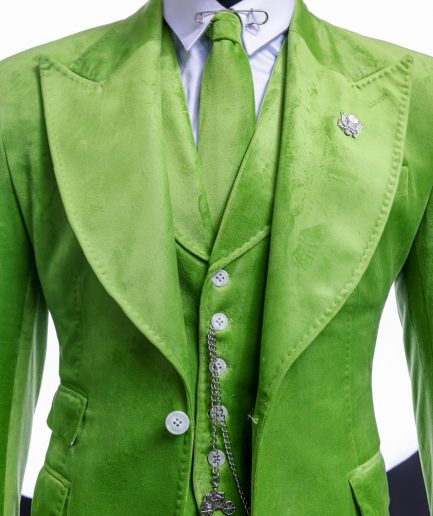 A Lime green “peaky blinders” monochrome velvet, hand knitted peak lapel suit