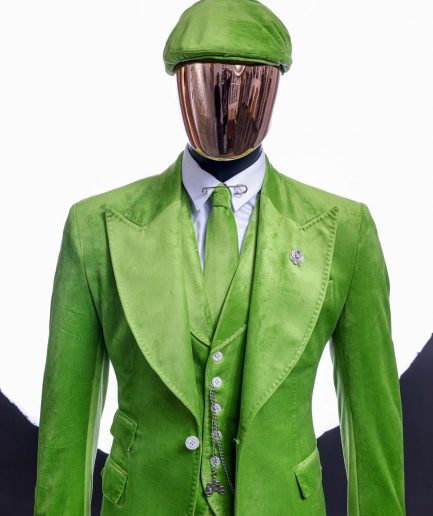 A Lime green “peaky blinders” monochrome velvet, hand knitted peak lapel suit