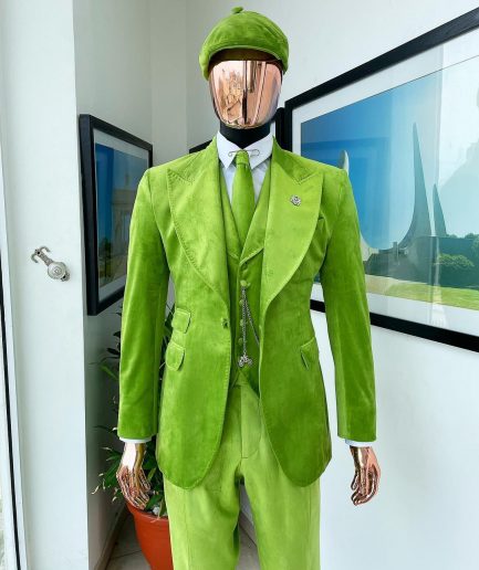A Lime grey “peaky blinders” monochrome velvet, hand knitted peak lapel suit