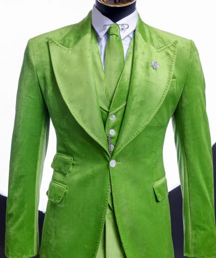 A Lime green “peaky blinders” monochrome velvet, hand knitted peak lapel suit