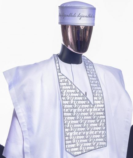 A Cocaine White, Grey Scritto Pattered (dejiandkola) Embroidery Detailing Agbada