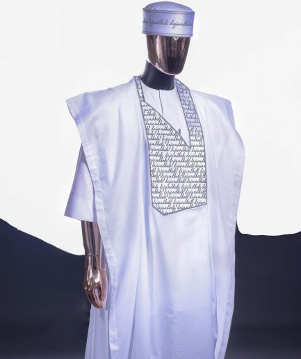 A Cocaine White, Grey Scritto Pattered (dejiandkola) Embroidery Detailing Agbada