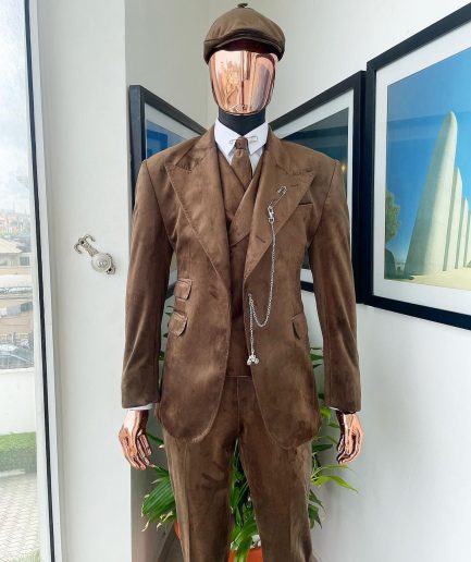 A Brunette brown “peaky blinders” monochrome velvet, hand knitted peak lapel suit