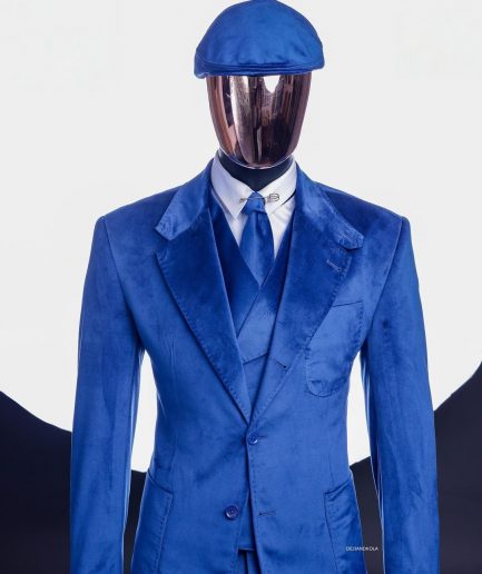 A Navy Blue “peaky blinders” monochrome velvet, hand knitted notch lapel suit