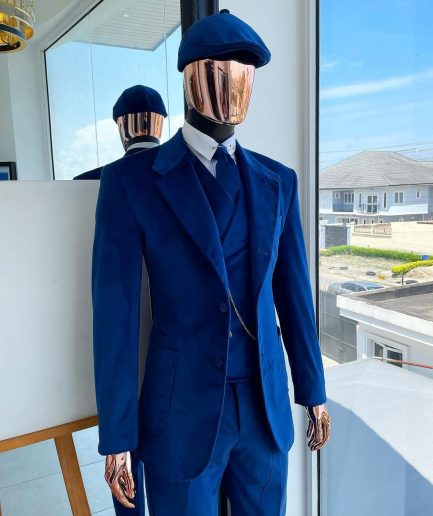 A Navy Blue “peaky blinders” monochrome velvet, hand knitted notch lapel suit
