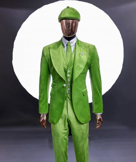 A Lime green “peaky blinders” monochrome velvet, hand knitted peak lapel suit