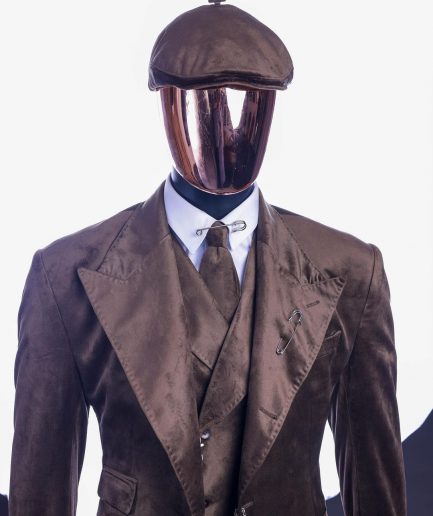 A Brunette brown “peaky blinders” monochrome velvet, hand knitted peak lapel suit