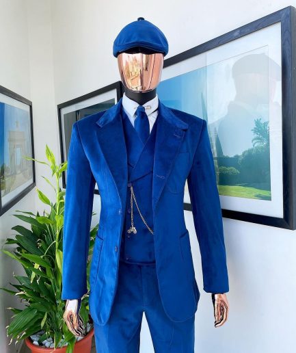 A Navy Blue “peaky blinders” monochrome velvet, hand knitted notch lapel suit