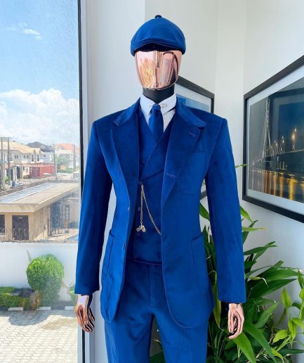 A Navy Blue “peaky blinders” monochrome velvet, hand knitted notch lapel suit