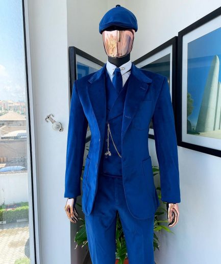 A Navy Blue “peaky blinders” monochrome velvet, hand knitted notch lapel suit