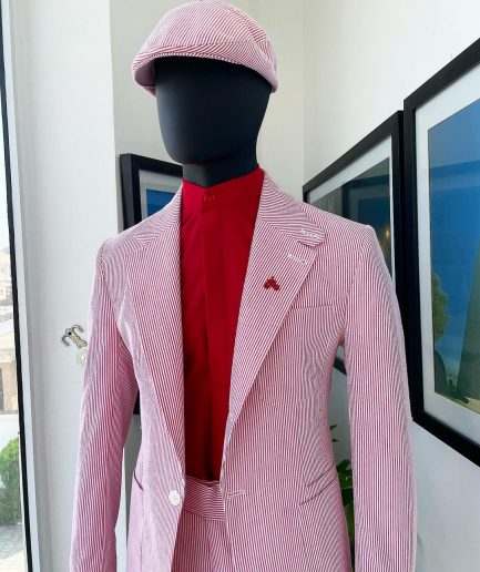 A seersucker (rail road stripe) notch lapel suit with patch pocket