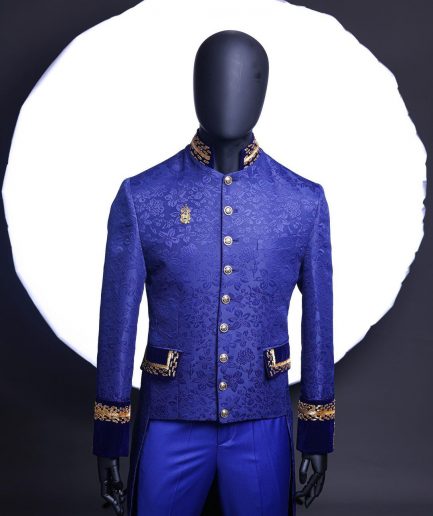 A Navy blue “Prince of Persia” ceremonial tail suit, Gold Metal Wire hand woven embroidery detail mix on velvet