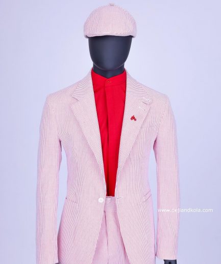 A seersucker (rail road stripe) notch lapel suit with patch pocket