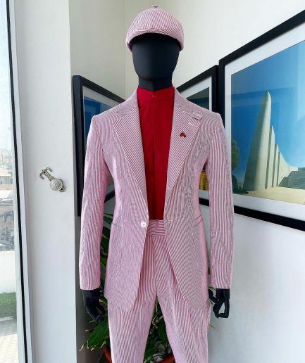 A seersucker (rail road stripe) notch lapel suit with patch pocket