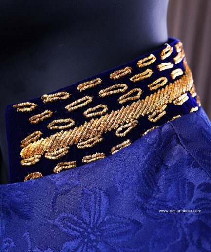 A Navy blue “Prince of Persia” ceremonial tail suit, Gold Metal Wire hand woven embroidery detail mix on velvet