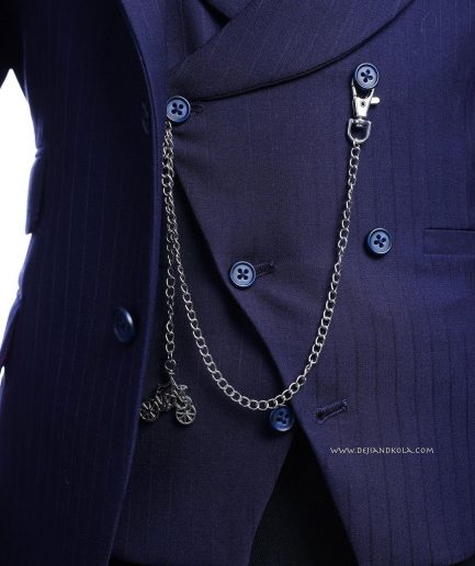 A Navy blue, monochrome pencil stripe nobility super “140s” “Board Room” Peak lapel suit