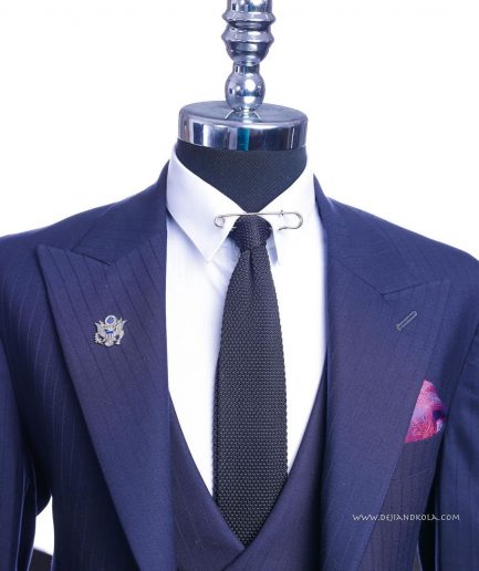A Navy blue, monochrome pencil stripe nobility super “140s” “Board Room” Peak lapel suit