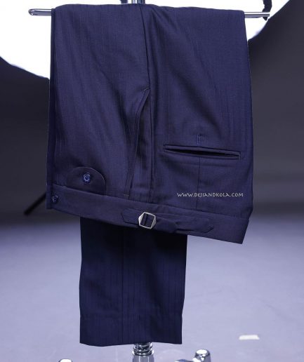 A Navy blue, monochrome pencil stripe nobility super “140s” “Board Room” Peak lapel suit