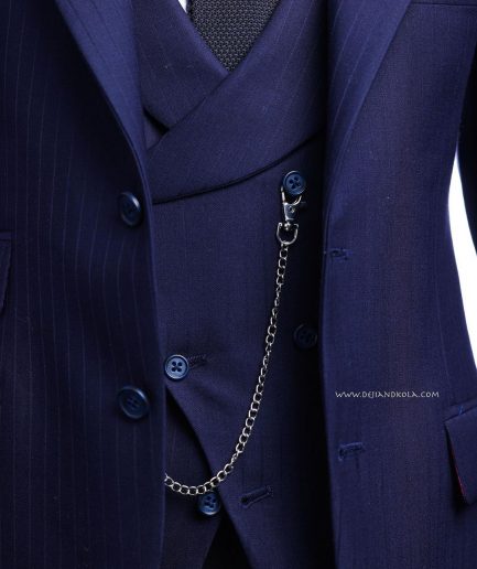 A Navy blue, monochrome pencil stripe nobility super “140s” “Board Room” Peak lapel suit
