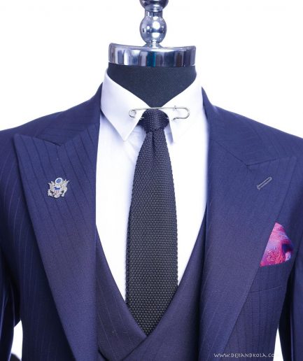 A Navy blue, monochrome pencil stripe nobility super “140s” “Board Room” Peak lapel suit