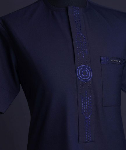 A Navy blue front flap, patch pocket with spiral embroidery detailing African senator Kaftan