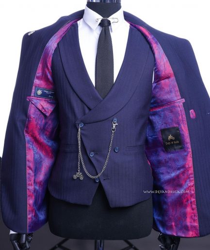 A Navy blue, monochrome pencil stripe nobility super “140s” “Board Room” Peak lapel suit